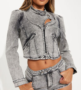 Chaqueta vaquera recortada personalizada de alta calidad para mujer, ropa de calle transpirable, mangas abullonadas, venta al por mayor, algodón de moda informal OEM - Product Image 5