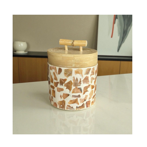 Pot en bambou incrusté de nacre, pot en bambou tressé, thé en bambou fait à la main, pot rond en bois avec couvercle pour cadeau, vacances, décoration - Product Image 1
