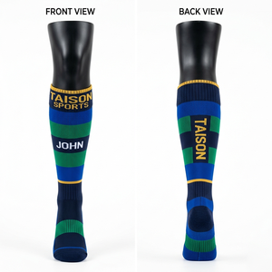 High Quality Women's Rugby <b>Socks</b> GSM Cotton Polyester Spandex Fabric Red Navy Panel Stripes Cushioned Grip Sole Custom Knit Logo - Product Image 5