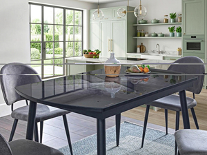 Modern Luxury Dining Room Set Extendable Black Marble Pattern <b>Table</b> with 4 Grey Velvet Upholstered Chairs Black Metal <b>Legs</b> Set - Product Image 2