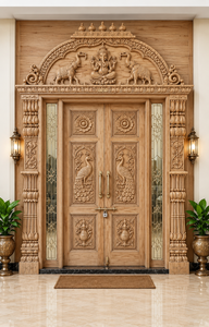 Porte de salle de prière en teck de style sud-indien, porte de temple en bois sculpté de luxe avec motif paon, pour la communauté tamilienne aux États-Unis - Product Image 3