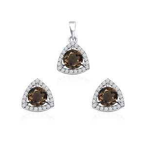 Wholesale Trendy 3-Piece 925 Silver Rhodium Plated Fine Jewelry Set Women's Smoky Quartz CZ Pendant <b>Earrings</b> Wedding Engagement - Product Image 1