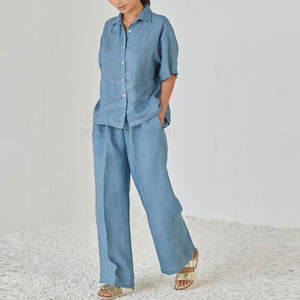 Conjunto de Dos Piezas de Algodón Casual Transpirable con Botones, Camisa y Pantalones de Cintura Alta para Mujer, Ropa de Calle Diaria - Product Image 1