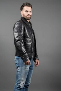 Veste en cuir de vachette gaufré crocodile Veste de motard crocodile pour homme Veste aviateur noire en cuir crocodile gaufré pour homme - Product Image 2
