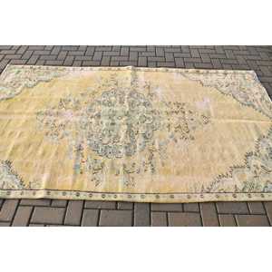 Vintage Turkish Rug, 4.8x8.7 ft Large Rug, <b>Yellow</b> Check Rug - Product Image 3
