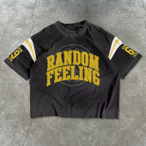 T-shirt oversize vintage en coton délavé à l'acide, à épaules tombantes, style streetwear, avec appliqué sur la manche et rayures sur le devant, échantillon disponible - Product Image 2