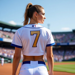 เสื้อยืดเบสบอลผู้หญิงเสื้อครอปแขนสั้นเสื้อครอปใส่เจอร์ซีย์เสื้อกีฬาเบสบอลเสื้อคอวีสำหรับฤดูร้อน - Product Image 4