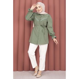 Khaki Lace-up Shirt <b>Fringe</b> Detail Poplin Cotton Khaki Women's <b>Tops</b> Ruffled Collar Button Casual Loose XS XL for Summer - Product Image 4