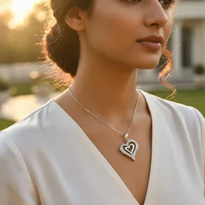 Colgante de Corazón Plateado con Circonita Cúbica, Chapado en Oro Rosa y Rodio, Joyería de Regalo para Mujer con Dijes - Product Image 3