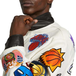 Servicio OEM, Chaqueta Universitaria de Lana Personalizada al por Mayor para Hombre, Estilo Urbano, con Cuello Alto, Mangas de Cuero, Cuero de Vaca Curtido, Bordado - Product Image 6