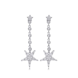 Boucles d'oreilles longues en zircon transparent à motif étoile, fabrication artisanale turque, bijoux en argent sterling 925 en gros - Product Image 6