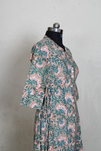 Main bloc imprimé asymétrique robe d'été manches longues 100% coton Floral confortable tenue décontracté pour les mariages saint valentin - Product Image 4