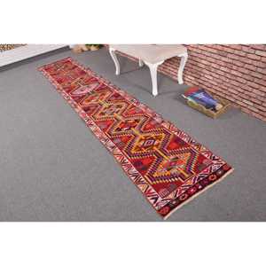 Vintage Turkish Herki <b>Red</b> <b>Wool</b> Rug Patchwork Design Eco-Friendly Latex Backing 2.1x11.3 ft (65x343 Cm) - Product Image 2