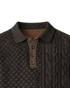 Suéter Polo de Punto Trenzado con Textura Mixta Personalizado para Hombre, Manga Larga, Cuello con Botones, Jersey de Invierno con Parche en el Codo en Color Marrón Oscuro - Product Image 5