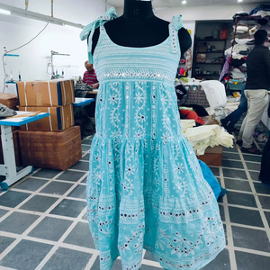 Exotic Aqua <b>Shade</b> Women Nomad Print Mirror Embroidered Indian Art Flared Sleeve Dress Ladies Widest Selection Tiered Skirt Tunic - Product Image 1