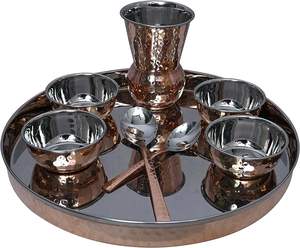 Vaisselle indienne avec logo personnalisé Service de table traditionnel en acier inoxydable et en cuivre, 1 assiette Thali, 5 bols, 1 verre et 1 cuillère - Product Image 3
