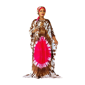 Robe kaftan bohème en coton tie-dye pour femmes, manches courtes, coupe ample, longue robe de nuit d'été, robe de plage - Product Image 1