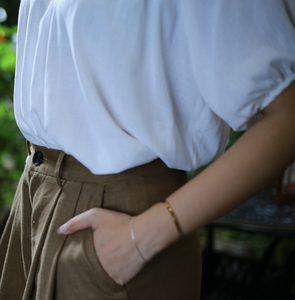 Femmes de haute qualité marron lin-rayonne pantalon large bouton décoration cordon fermeture bureau Style respirant pantalons longs - Product Image 6