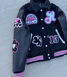 Veste universitaire en cuir de laine personnalisée pour hommes Patch broderie lavage à l'acide manteau Letterman - Product Image 3