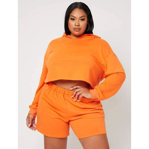 Ensemble de survêtement décontracté ajusté pour femmes, sweat-shirt et short, couleur unie, ensemble court deux pièces en gros - Product Image 1