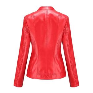 À la mode Biker femmes respirant rouge en cuir véritable Slim Fit vestes fermeture à glissière col montant poches élégantes doublure en Viscose - Product Image 3