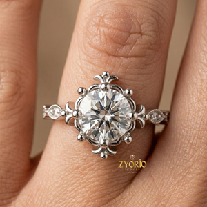 Vintage Round Cut 18K GOLD Lab Diamond <b>Solitaire</b> <b>Ring</b> Floral Womens Engagement <b>Ring</b> - Product Image 1