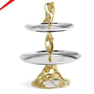 Beau support à gâteau à 2 niveaux Conception de feuille d'or pour la fête de mariage - Product Image 1