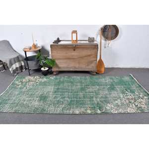 Alfombra Turca Vintage de Lana 3.8x8.9 pies, Ecológica, Pelo Medio, Verde y Blanca, Tejido Plano, Patrón de Patchwork, Decoración para Comedor - Product Image 1