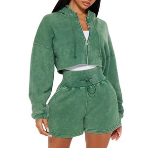 Conjunto de 2 piezas para mujer 2026: Sudadera con capucha y cremallera de forro polar, lavado ácido, color liso, estilo casual de invierno, ecológico, para streetwear y jogging, y pantalones cortos. - Product Image 2