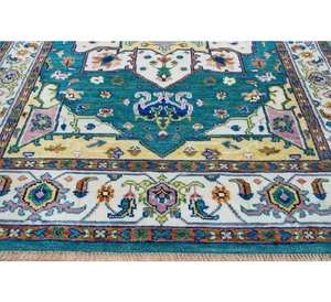 Tapis en laine bleue, faits à la main, anciens, noués à la main, 8x14, 9x12, tapis de prière multicolores, tapis de haute qualité élégants - Product Image 2