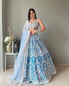 2024印度趋势新设计师丝绸重绳作品美丽的蓝色LEHENGA CHOLI与作品DUPATTA