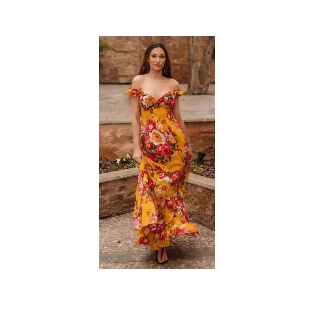 2024 bahar kadın Maxi elbiseler rahat kısa kollu çiçek baskılı o-boyun kadın Boho plaj partisi uzun elbise