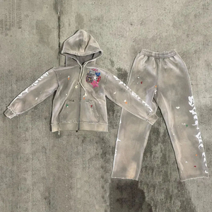 Streetwear Custom Embroidery French Terry <b>Paint</b> Acid Wash Hoodie and Flare Sweatpants Tracksuit Sweat Suits Men OEM Serviced - Product Image 2