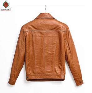 Blouson aviateur en cuir synthétique marron clair décontracté d'hiver fait à la main avec fermeture éclair col mandarin motif uni - Product Image 2