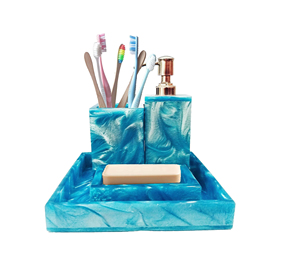 Complete 4-Piece Resin Bathroom Accessory Set Green <b>Vanity</b> <b>Tray</b> with Soap Dispenser and Toothbrush Holders Disposable Features - Product Image 1