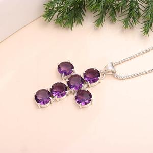 Collier pendentif en argent sterling 925 tendance chrétien en améthyste, chaîne à maillons, forme ronde, 18 pouces de long - Product Image 2