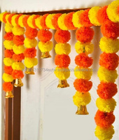 Petite guirlande de fleurs artificielles de marigold pour porte avec clochette en plastique, décoration de mariage indienne faite à la main