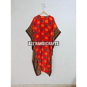 Vêtements de plage indien fait à la main soie caftan femmes Robe à manches longues imprimé fleuri taille libre taille naturelle écologique recyclé Robe - Product Image 6