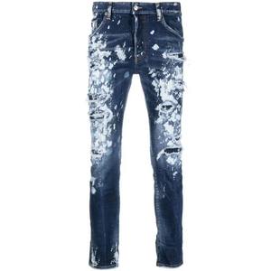 Los últimos pantalones vaqueros ajustados de cintura media para hombre de estilo callejero, pintura salpicada, bigotes rasgados desgastados, decoración de logotipo, diseño recto - Product Image 1