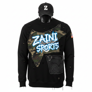 Sweat-shirts basiques en molleton premium 300 GSM pour hommes, noirs avec panneau camouflage, broderie de logo personnalisé et look délavé élégant - Product Image 1