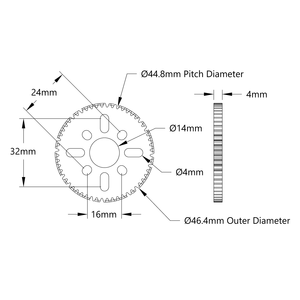 Engranaje de Aluminio de 56 Dientes para Montaje en Eje (MOD 0.8, 4 mm de Grosor, 14 mm de Diámetro Interior) para Robots STEM, REV, WCP, FTC, FRC - Product Image 2