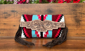 Western Stylish Real Tooled Aztec Leather Multi Color Fringe Sling Bag Venta caliente Nueva llegada Tooled Saddle Blanket Handbag - Product Image 4