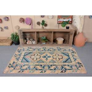 Tapis turc vintage 3.9 x 6.2ft bleu Beige Patchwork Design laine Latex technique de tissage plat pour les décorations de salon des adolescents - Product Image 4