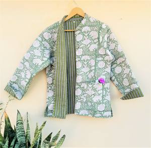 Manteau matelassé imprimé bloc fait main pour femmes bohème Vintage décoration florale coton veste réversible col montant pour l'hiver - Product Image 3