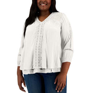 Camicetta da donna Style & Co in popeline bianco a maniche lunghe con pizzo, collo alto e decorazioni a sbuffo, taglia XL, stile western, abbigliamento corto - Product Image 1