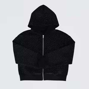 Venta al por mayor de alta calidad de algodón orgánico de peso pesado recortado Hip Hop Zip up Rhinestone Crystal French Terry Hoodie - Product Image 1