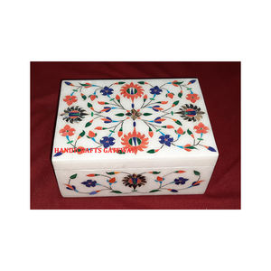 Caja de joyería de trabajo con incrustaciones de diseño de flores de colores de mármol blanco de clase alta exclusiva de calidad superior para regalo de decoración de boda - Product Image 1