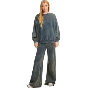 Conjunto de sudadera extragrande con lavado ácido y pantalones anchos para mujer, mezcla de algodón, ropa informal para estar en casa, conjunto de dos piezas, ropa de calle - Product Image 1