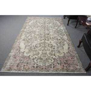 พรมตุรกี ขนาด 5.4x9.1 ฟุต พรมวินเทจ สีเขียวชมพูลายจุด พรมขนสัตว์ - Product Image 1