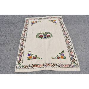 พรมขนสัตว์ตุรกีวินเทจ3.8 x 5.2ft เบจสีดีเย็บปะติดปะต่อกันดีไซน์สำหรับการใช้ชีวิตสี่เหลี่ยมผืนผ้าน้ำยางข้นลายไม้ไผ่ - Product Image 1